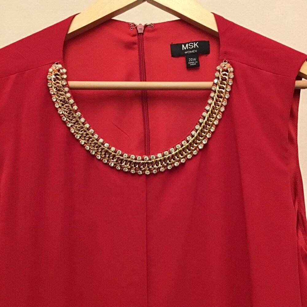 MSK 20W Dress Flowy Chiffon Sleeveless Midi Red Rhinestones Flattering Lined - Picture 8 of 16